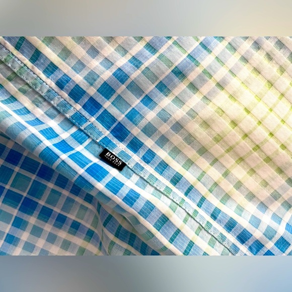 HUGO BOSS Shirt Tartan Plaid White Blue Waffle Comfort LARGE - Picture 9 of 15